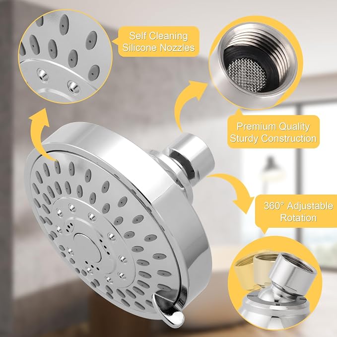 AISOSO High Pressure Rain Shower Head 5 Modes Showerhead 4.1" Chrome Silver | Low Water Pressure Compatible, Powerful Spray Fixed Showerhead for a Relaxing Indoor & Outdoor Shower