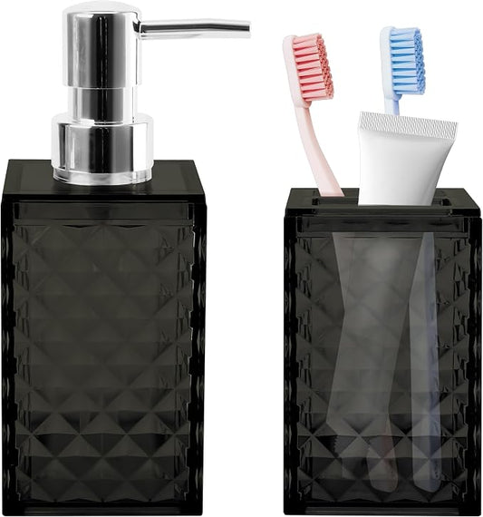 2 PCS Bathroom Accessory Set, Black Soap Dispenser and Toothbrush Holder | Black Bathroom Accessories Sets for Modern Bathroom Decor, Plastic Bathroom Sets