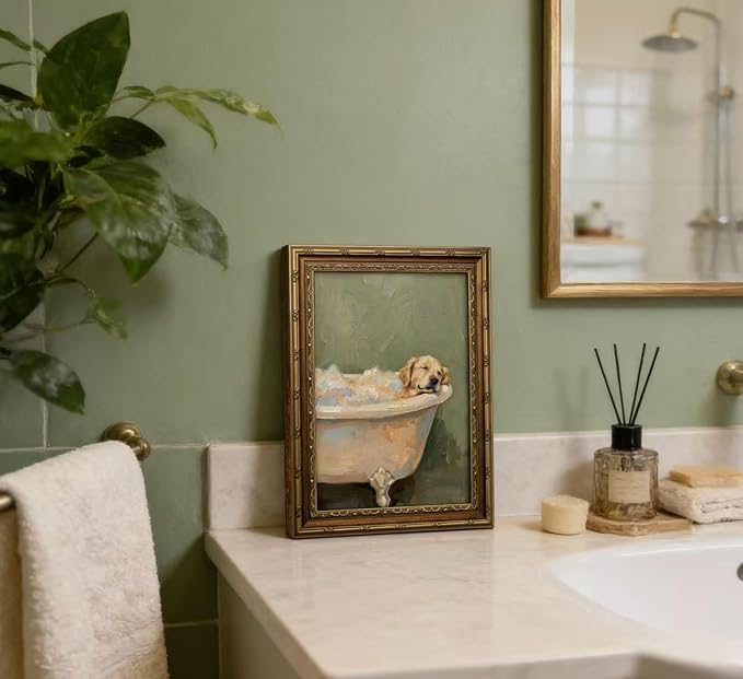 Vintage Gold Framed Funny Dog Bathroom Wall Art, Whimsical Golden Retriever in Bathtub Canvas Print, Cute Animal Bathroom Poster Artwork, Rustic Farmhouse Dog Wall Decor for Restroom Bathroom,16x24in