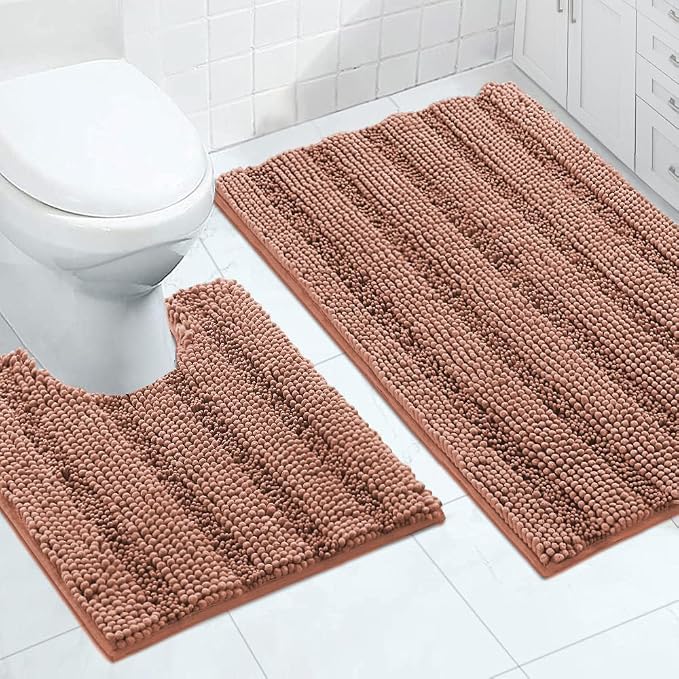 Turquoize Bathroom Rugs Set Non-Slip Bath Mats for Bathroom Super Absorbent Shaggy Rugs for Tub Shower Toilet Soft Plush Bath Rug Plus U Contour Rug (Oversized: 24" x 36" and 20" x 24" U), Muted Clay