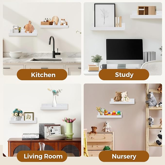 Muzilife 35.4" Large Floating Shelves Wood Wall Shelf with Lip, 2Pcs, White | FSC-Certified Wood | 20 lbs Capacity | Space-Saving | Hanging Shelf | Wall Decor| Bedroom,Living Room,Bathroom,Kitchen,Office