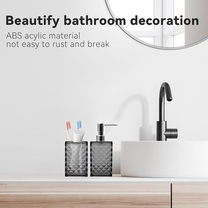 2 PCS Bathroom Accessory Set, Grey Soap Dispenser and Toothbrush Holder | Grey Bathroom Accessories Sets for Modern Bathroom Decor, Plastic Bathroom Sets