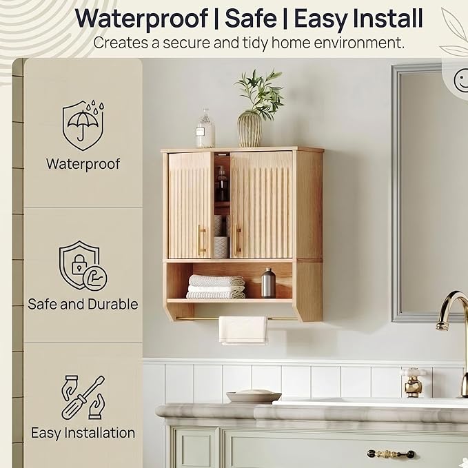 HOOBRO Narrow Bathroom Wall Cabinet with Towel Rack, Space Saving Medicine Cabinet for Small Spaces, Farmhouse Fluted Wall Storage Cabinet with Adjustable Shelf, Natural