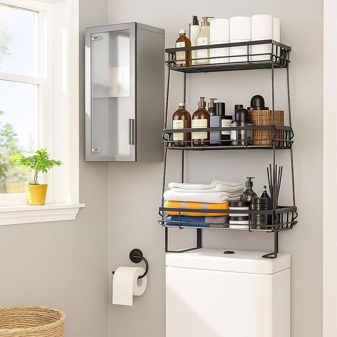 ShellKingdom Over The Toilet Storage Shelf, 3 Tier Toilet Paper Holder Rack | Punch-Free Bathroom Storage Rack with 2 Hooks, Small Space Organizers for Bathroom, Home, Black