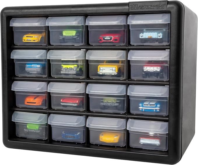 Akro-Mils 16-Drawer Plastic Storage Cabinet, 10.5"W x 6.5"D x 8.5"H, Black | Plastic Cabinet w/ Drawers for Garage Organization, Beads, Makeup Organizer, Building Bricks Storage, Teacher Toolbox, 10116