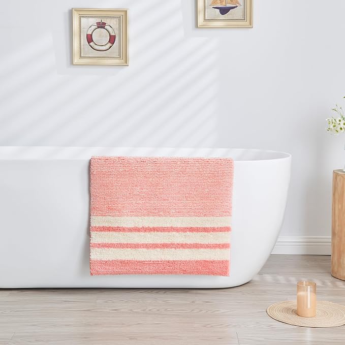 CozeCube Blossom Pink Striped 24"x16" Non Slip Washable Bath Mat | For Bathroom, Fluffy Absorbent Microfiber Bath Mats Machine Wash, Stylish Small Aesthetic Bathroom Rugs