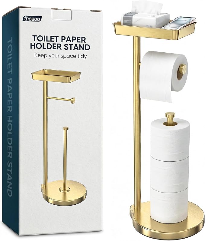 theaoo Toilet Paper Holder Stand with Shelf, Flushable Wipes Dispenser, Free Standing Toilet Tissue Roll Storage Rack Organizer for Bathroom (Gold, Free Standing - with Storage)
