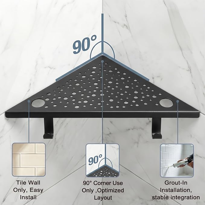 HIDROP Matte Black Corner Shower Shelves with Hooks and Razor Holes, 2 Pack | 4 Hooks & 4 Razor Holes, 10" Bathroom Corner Shelf, 1.5mm Thickened Stainless Steel, Fast Drainage, Tiled Shower Corner Shelf