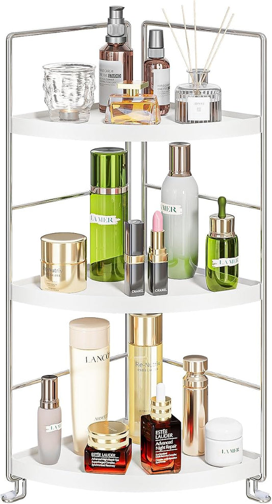 3-Tier Corner Shelf Bathroom Counter Organizer, White | Multi-Space Storage Tray, Holds Spices, Cosmetics, Lotion, Space-Saving for Sink, Vanity and Kitchen