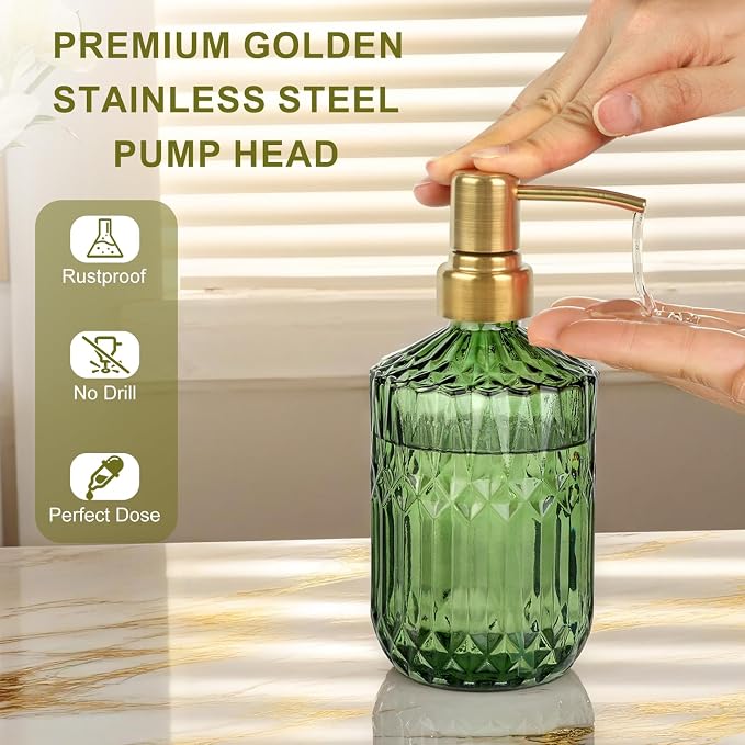 Green Glass Soap Dispenser (15.4 Oz, 1 Pack), Dish Soap Dispenser with Golden Rust Proof Pump for Kitchen Sink, Refillable Bathroom Hand Soap Lotion Dispenser