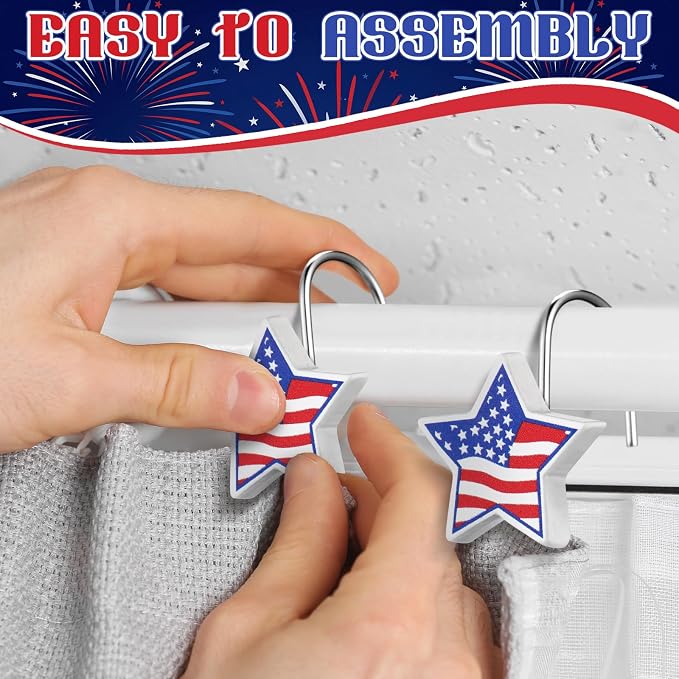 Yaocom 12 Pcs Patriotic Star Shower Curtain Hooks, 4th of July | American Flag Resin Hooks, Rings for Independence Day Bathroom Decor, Fits Standard Shower Rods, 250th Anniversary USA