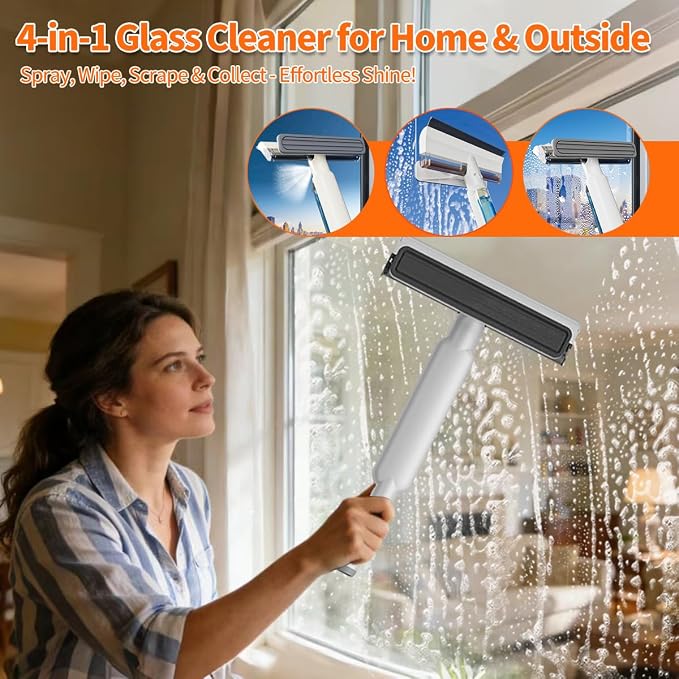 4 in 1 Window Squeegee with Water Tank,Window Cleaner Tool with Remote Control Water Spray,16'' to 72'' Adjustable Extension Pole,Wastewater Tray,Sponge Window Squeegee for Shower Glass Car Window