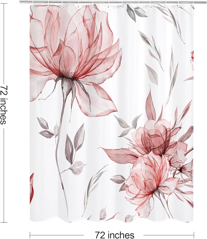 Litabel Red and Grey Boho Watercolor Floral Shower Curtain, Ink Painting Style Blossom & Leaf Shower Curtains for Chic Elegant Bathroom, Artistic Fabric Cloth Flower Shower Curtain, 72x72