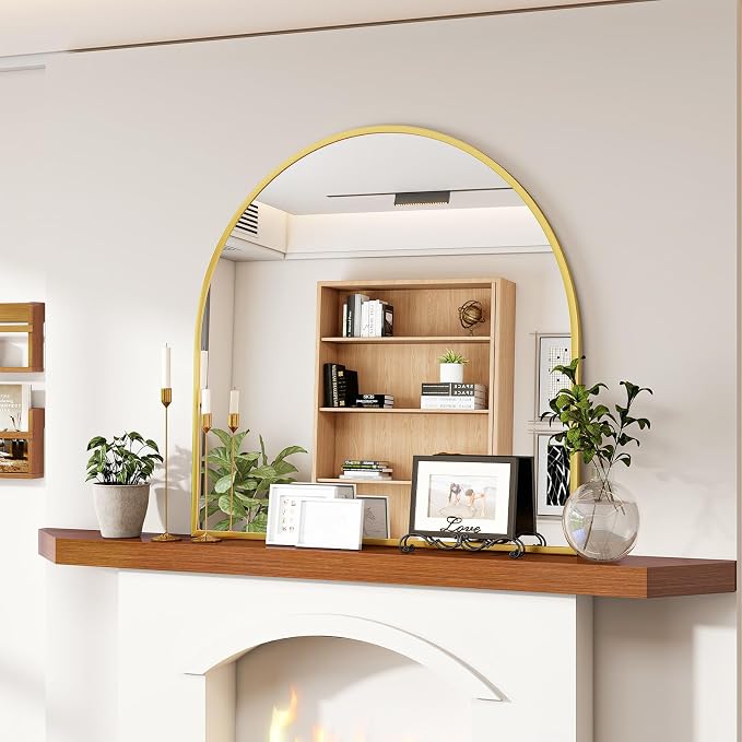 Arched Wall Mirror, 26 x 28 inch Arch Bathroom Mirror, Wall Mounted Vanity Mirror with Arch Metal Frame, Modern Bathroom Vanity Mirror for Bedroom, Living Room, Hanging or Leaning, Gold
