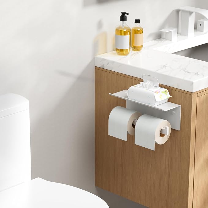 FORIOUS Toilet Paper Holder with Shelf, Commercial Toilet Paper Dispenser | White| SUS304 Stainless Steel Wall Mount Double Bathroom Tissue Roll Holder for Hotel, Apartments, etc