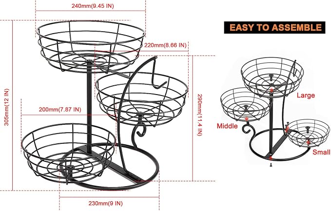 Livabber Fruit Basket Bowl with Banana Hanger, Fruit Vegetable Storage Basket with Banana Tree Holder for Kitchen Counter, Detachable Organizer for Bread Snack Produce (Black, 3-Tier Metal Base)
