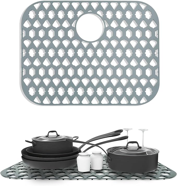 Silicone Sink Protector for Multi-Size Kitchen Sink (21"x16", Rear Drain) | Flexible and durable, heat-resistant, machine washable, non-slip, gray grid.
