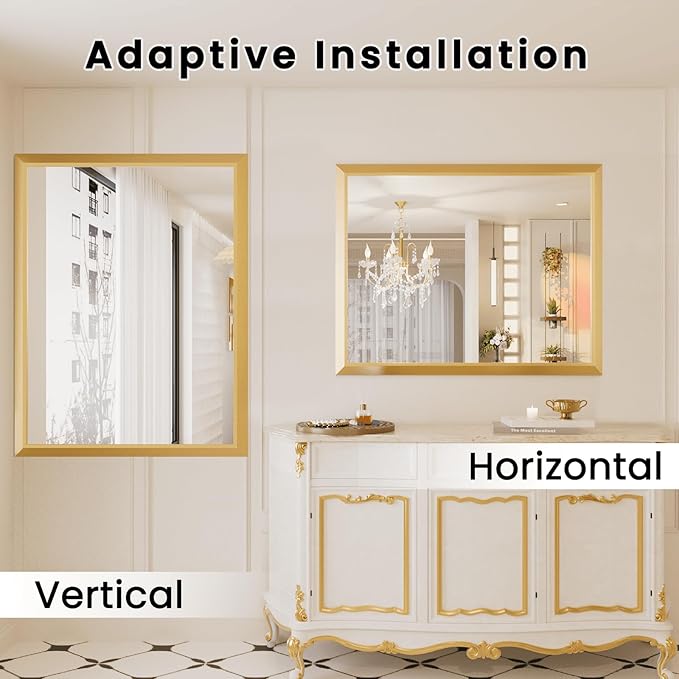 Bathroom Mirror for Wall, 40 X36 Inch (Brushed Gold Frame) | Thick Metal Framed, HD Reflection, Anti-Rust, Hang Horizontally/Vertically, Suitable for Bathroom, Farmhouse, Entryway