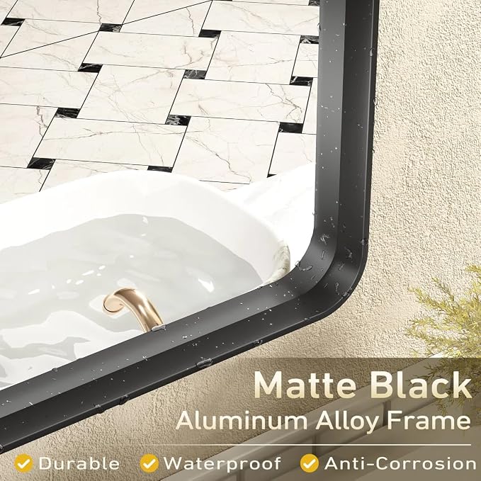 CHAMROR 24x32 Inch Black Metal Framed Bathroom Mirror for Wall | Rounded Rectangle Mirror, Matte Black Bathroom Vanity Mirror, Anti-Rust, Tempered Glass, Hangs Horizontally or Vertically