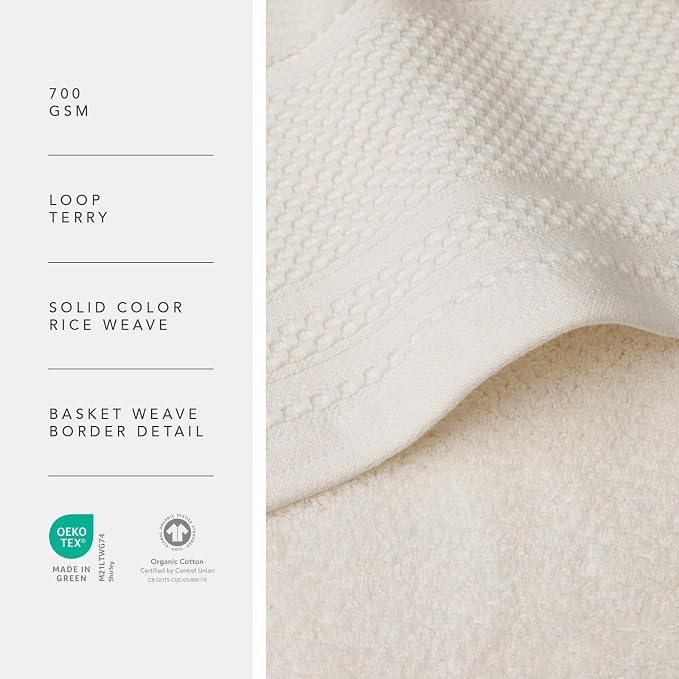 Texere 100% Organic Cotton Rice Weave Jacquard Luxury Bath Towel Sets - Soft and Absorbent Hotel and Spa Quality - 2 Large Bath Towels, 2 Hand Towels, 2 Washcloths (Rice Weave, Cream, 6 Piece)