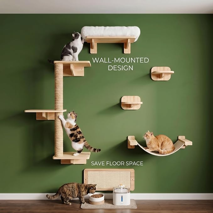 6in1 Cat Wall Shelves, Large Mounted Climbing Tower System for Cats, Modern Shelf for House Corner, Indoor Wooden Hammock Tree Furniture Set with Scratching,Perch, Bed,Ladder,Steps,Bridge