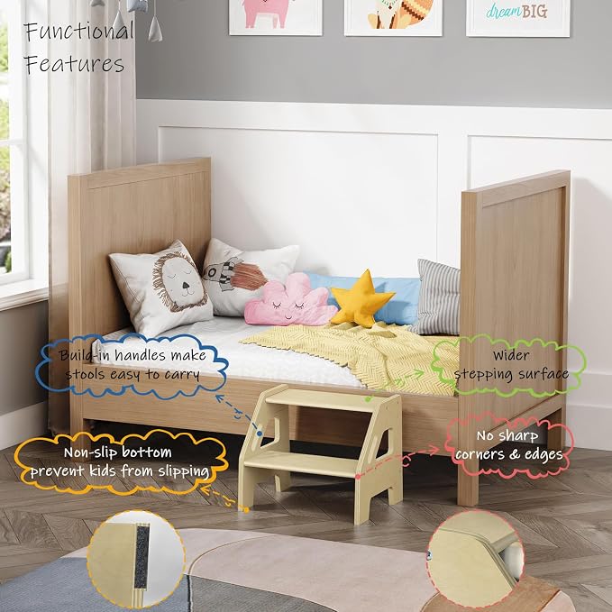 Harwaya 2 Step Stool for Toddlers Bathroom Sink, Kids Step Stool for Toilet Potty Training, Baby Child Toddler Stepping Ladder with Handles for Kitchen Counter Bedroom Nursery Bed (Natural Wood)