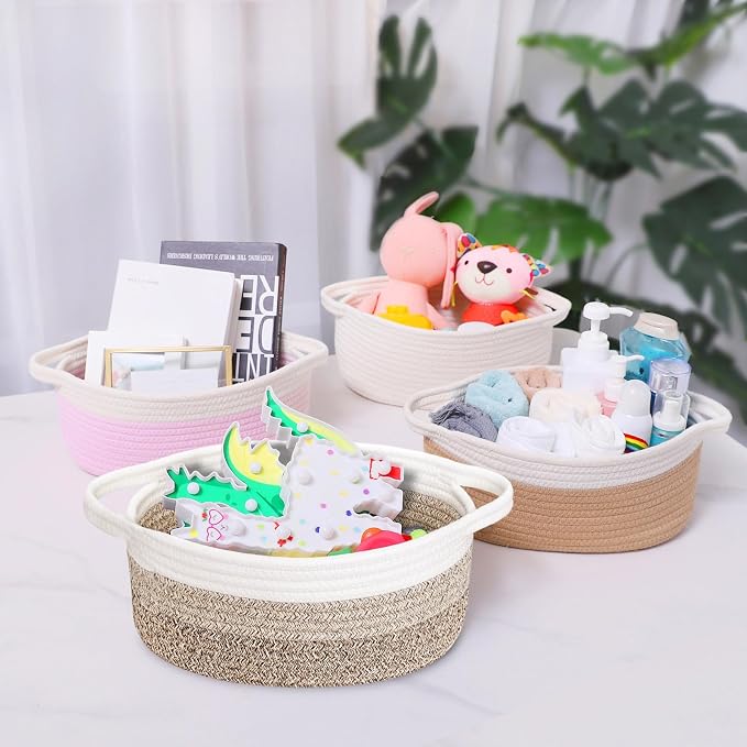 ABenkle Small Basket with Handles, Boho Decorative Rope Woven Dog Cat Toy Storage Bin Shelf Storage Organizer, Easter Christmas Gift Basket, 12"x8"x5"