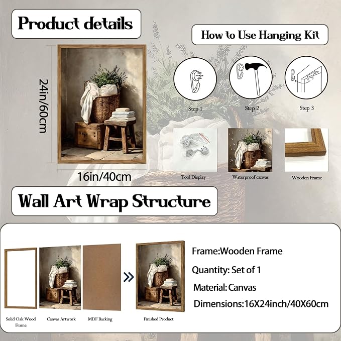 Vintage Laundry Room Wall Art Rustic Laundry Basket Bathroom Wall Decor Poster Country Farmhouse Wildflower Canvas Painting Print 24x16 inch Wood Framed