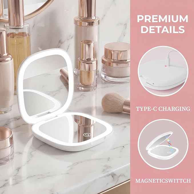 Compact Mirror, 5X Magnifying Mirror with 3Lighting Modes and Adjustable Brightness,Portable Makeup Mirror with Type-C Rechargeable | 3.6-Inch Pocket Mirror Fits in A Handbag Gift for Girls