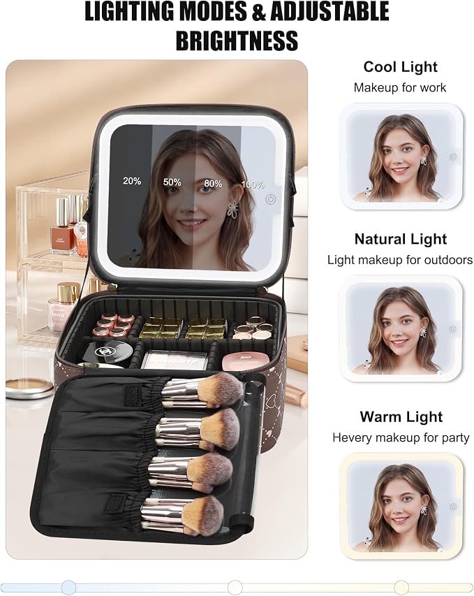 Relavel Travel Makeup Bag With LED Mirror, Brown Bowknot | Portable Cosmetic Bag with Adjustable Brightness in 3 Color Scenarios, Small Train Case with Detachable Dividers for Trip