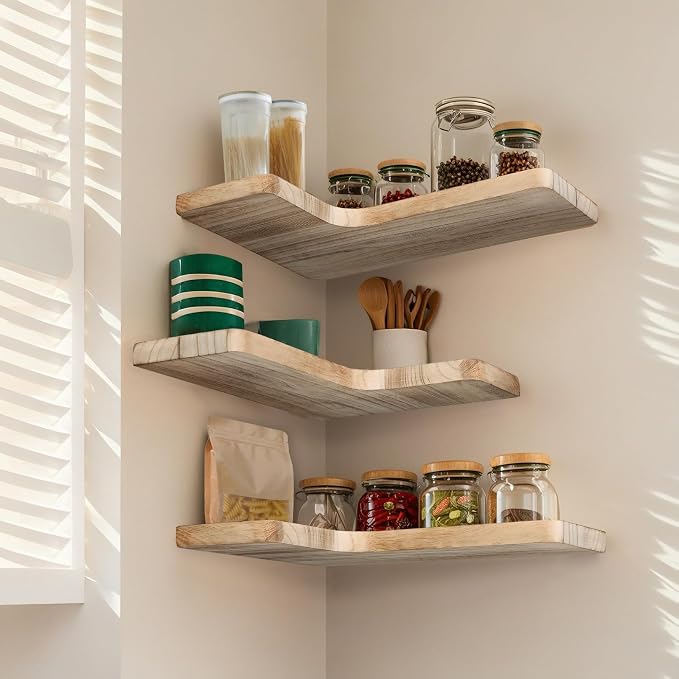 Floating Corner Shelves, Wall Shelf Set of 3, Shelves for Wall Storage, Solid Wood Shelves for Storage, Wall Mount Wooden Display Shelf for Bathroom Bedroom Kitchen Garage (Light 3Pcs)