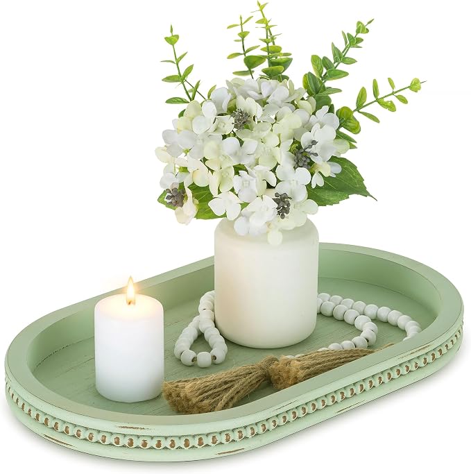 Hanobe 15" Sage Green Decorative Trays for Coffee Table Decor, Beaded Edge | Wood Oval Farmhouse Table Centerpiece for Candle Plate, Kitchen Dining Living Room
