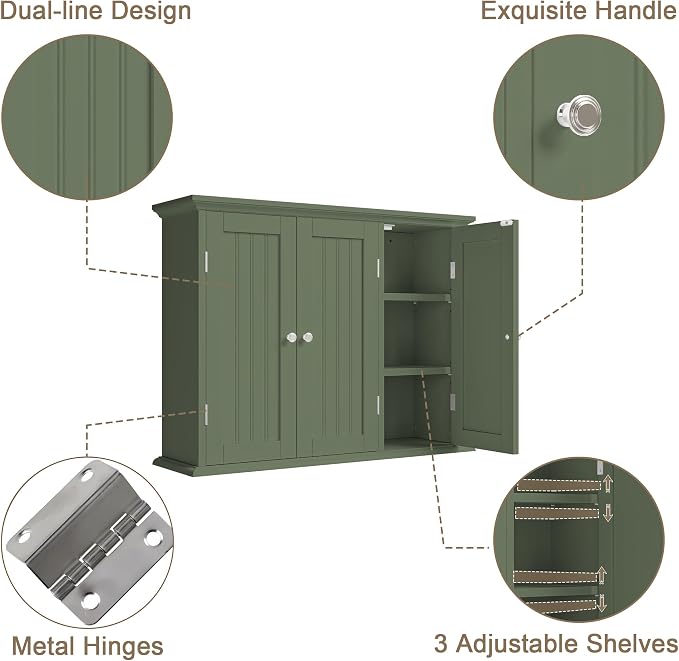 ChooChoo Laundry Cabinet with 3 Doors and Adjustable Shelves | 9.06"D x 31.1"W x 24"H, Bathroom Wall Cabinet, Cupboard, Green