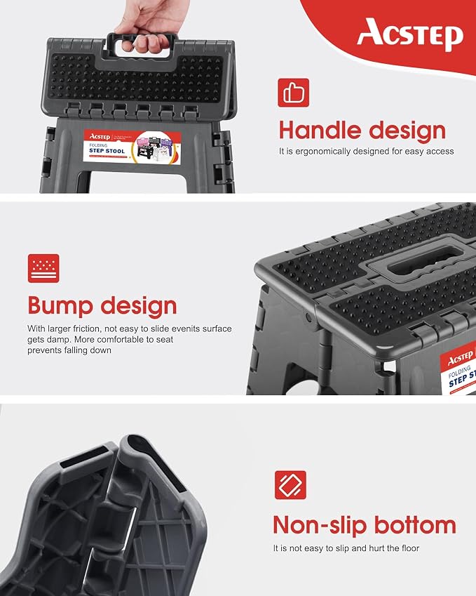13" Folding Step Stool- Holds up to 300Lb,The Lightweight Non-Slip Upgrade Collapsible Stepping Stool is Sturdy Enough to Support Adults and Safe Enough for Kids(Grey,1 Pack) | Heavy Duty Portable Collapsible Foot Stepping Stool, Holds 300 lb for Kitch...