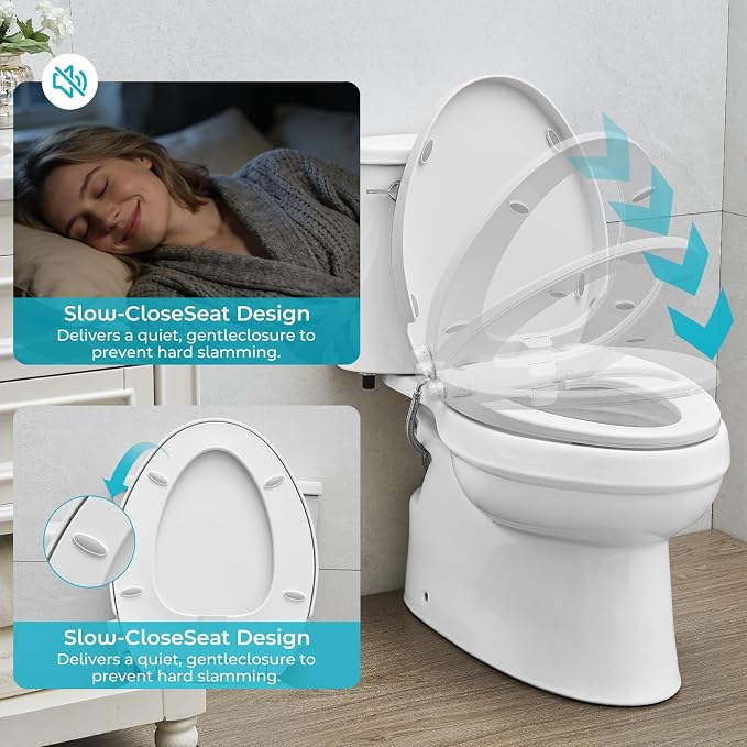 Bidet Toilet Seat for Elongated Toilets and Sprayer Handheld Toilet Adjustable Water Pressure and Self-Cleaning Dual NozzlesExclusive Single Nozzle High Pressure Mode for Cleaning Stubborn Stains