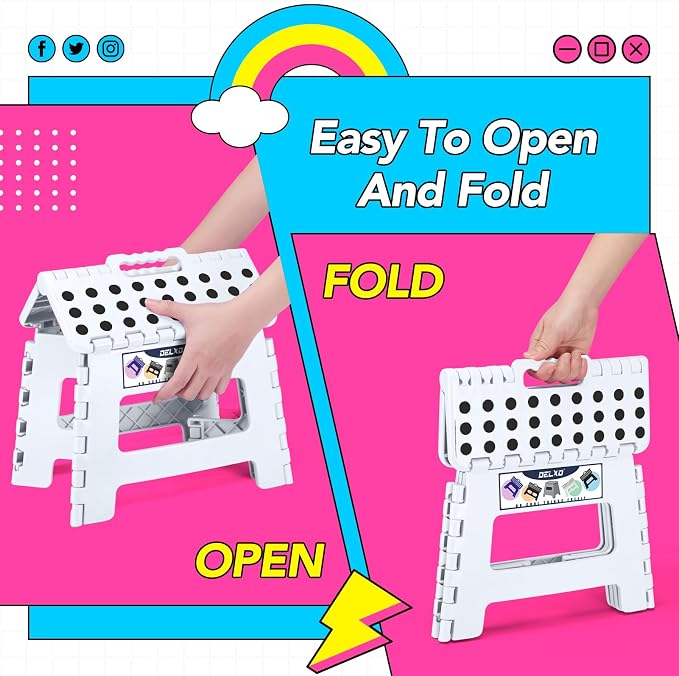 Delxo 9 Inch Kids Step Stool,300 Lbs Folding Step Stool for Toddler White | Foldable Step Stool,Non-Slip Foot Stools with Handle, Lightweight Collapsible Stool for Kitchen,Bathroom,Bedroom,Garden