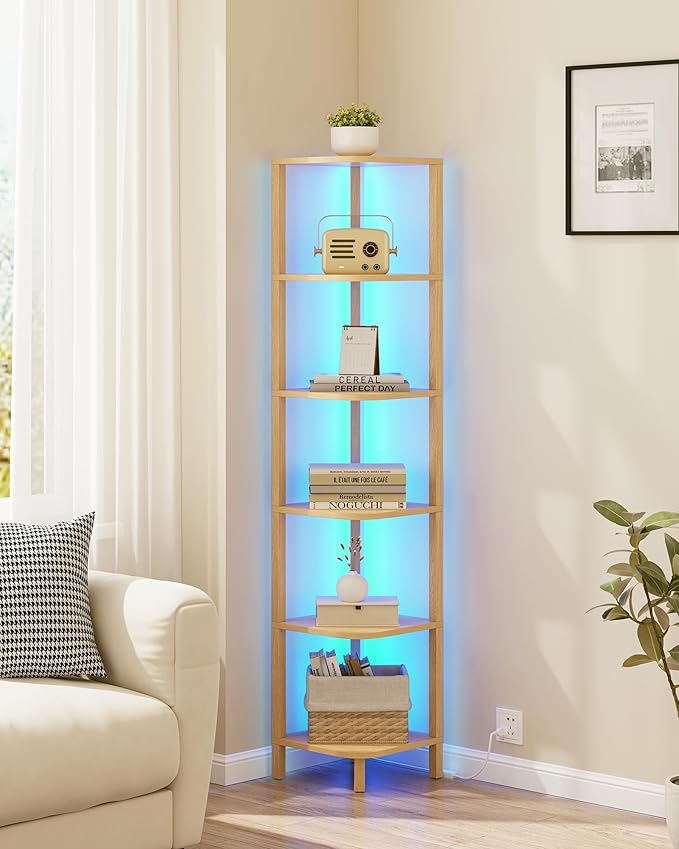 TUTOTAK Corner Shelf with LED Light, 6-Tier Corner Bookshelf | for Small Space, Narrow Display Corner Shelf Stand with Storage Rack, for Living Room, Bedroom, Natural BS08BN006L