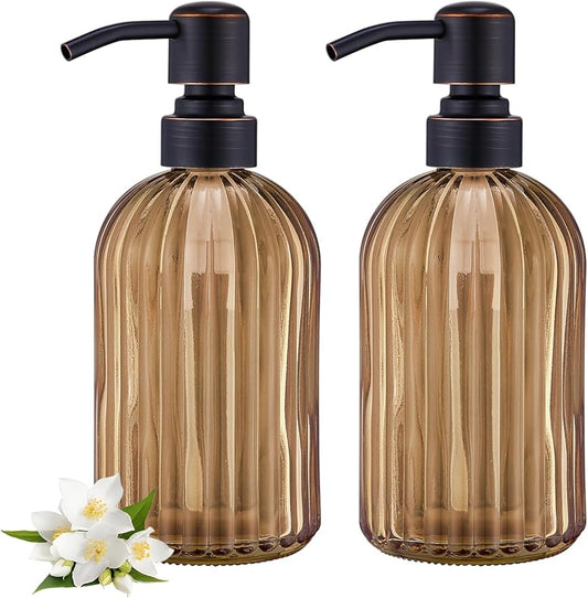 16 OZ Amber Glass Soap Dispenser, Amber Stripe Bathroom Hand Soap Dispensers with Stainless Steel Bronze Pump,Brown Glass Kitchen Hand Soap Dispenser with Oil Rubbed Bronze Pump,2 Packs