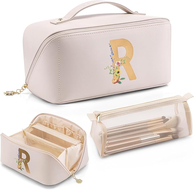 VLANDO Personalized Makeup Bag,Gifts for Women, Letter R,Off White | PU Leather Personalized Toiletry Bag,Open Flat Cosmetic Skincare Organizer,Gifts for Women,Bridesmaid,Teen