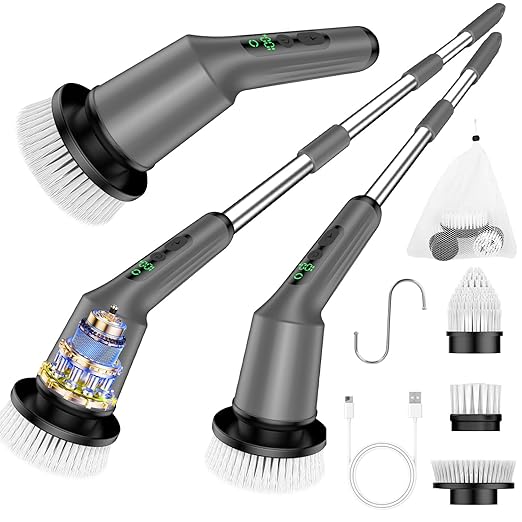Electric Spin Scrubber for Bathroom, Shower Scrubber with Long Handle | Shower Cleaner Brushes, IPX7 Waterproof & 2 Speed, 3 Brush Heads, 90min Runtime, Bathroom Cleaning Supplies for Toilet Tub