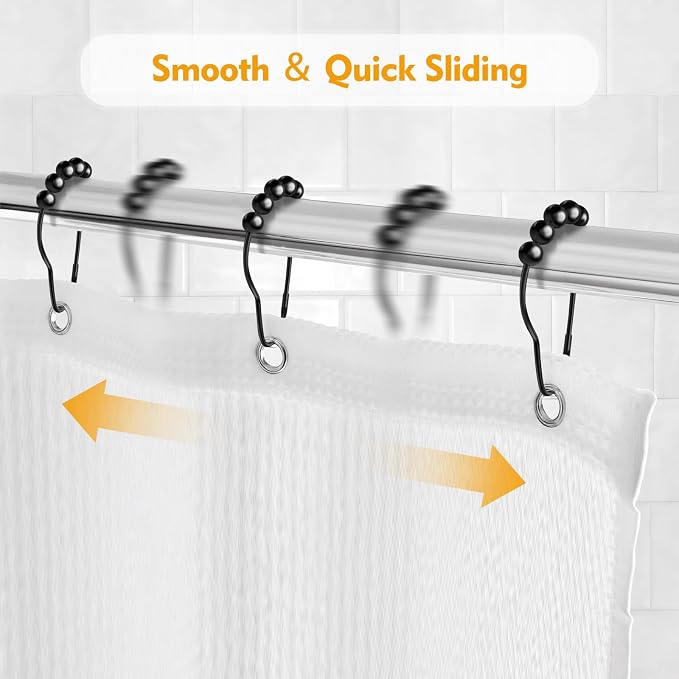 12 PCS Shower Curtain Hooks, Practical Black Shower Curtain Hooks | Metal Shower Hooks for Bathroom Shower Rods, Smooth & Quick Sliding, Secure Snap Closure, Easy Install