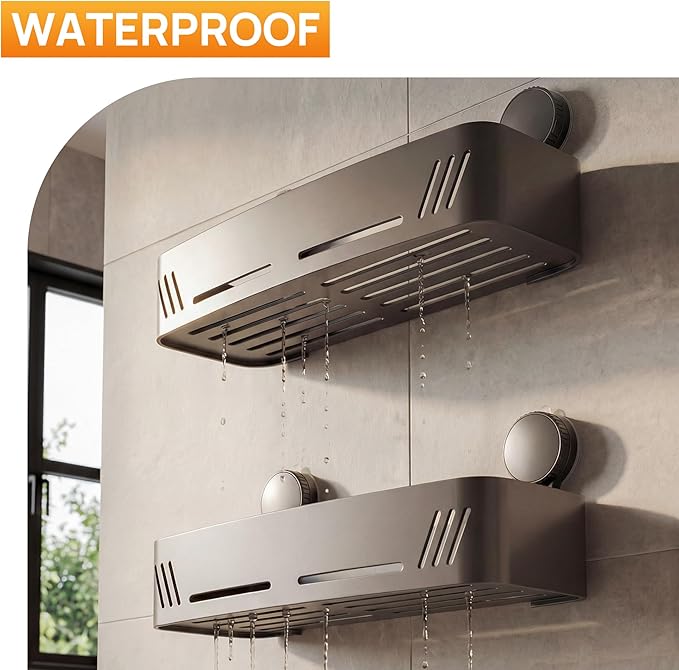 2-Pack Suction Cup Shower Caddy with Hooks, Gun Grey Aluminum | No-drill shower organizer for smooth non-porous surfaces, with hooks for shampoo, body wash, razors and bath accessories