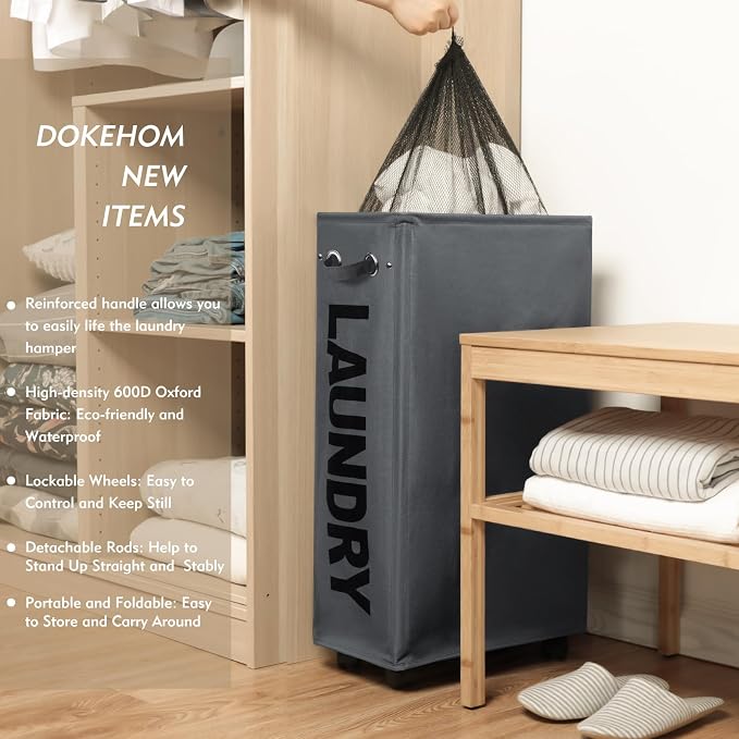 DOKEHOM 29" Enlarged Slim Rolling Laundry Basket Hamper on Wheels, Grey | Collapsible tall laundry hamper with removable mesh wash bag. Foldable narrow corner clothes storage bin for small spaces