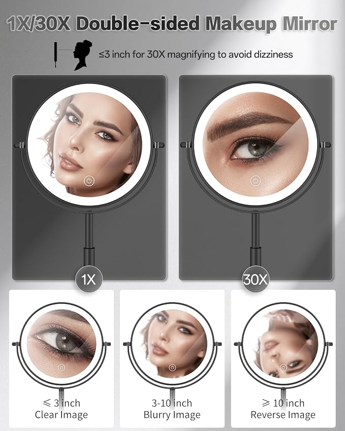 VFD 8'' 30X/1X Magnifying Makeup Mirror with Lights Height Adjustable | Lighted Vanity Mirror with 3 Color Adjustable Brightness, 3000mAh Rechargeable Double Sided Switch for Desk Women Gift