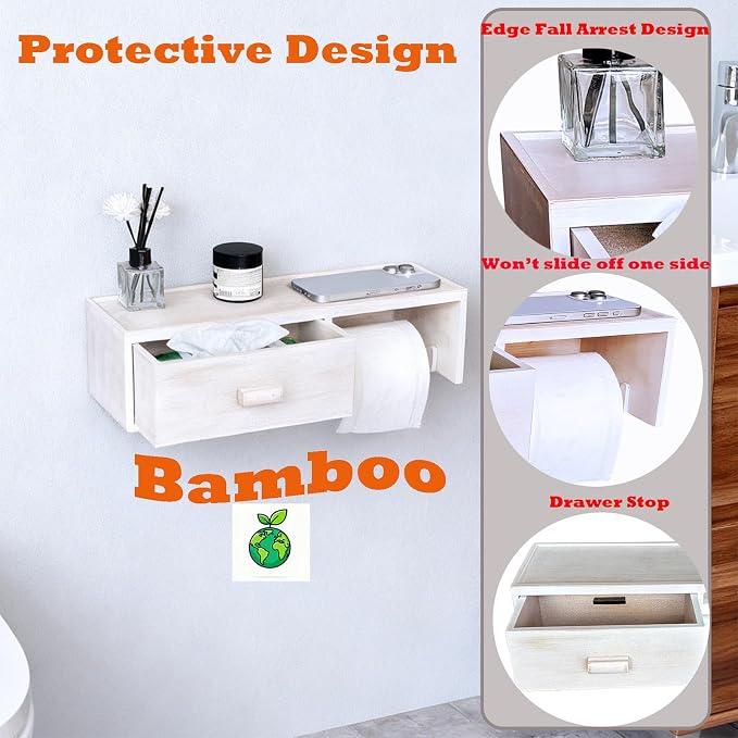 Bamboo Toilet Paper Holder with Shelf, Vintage White Wall Mount Bathroom Holder with Wet Wipes Storage Drawer