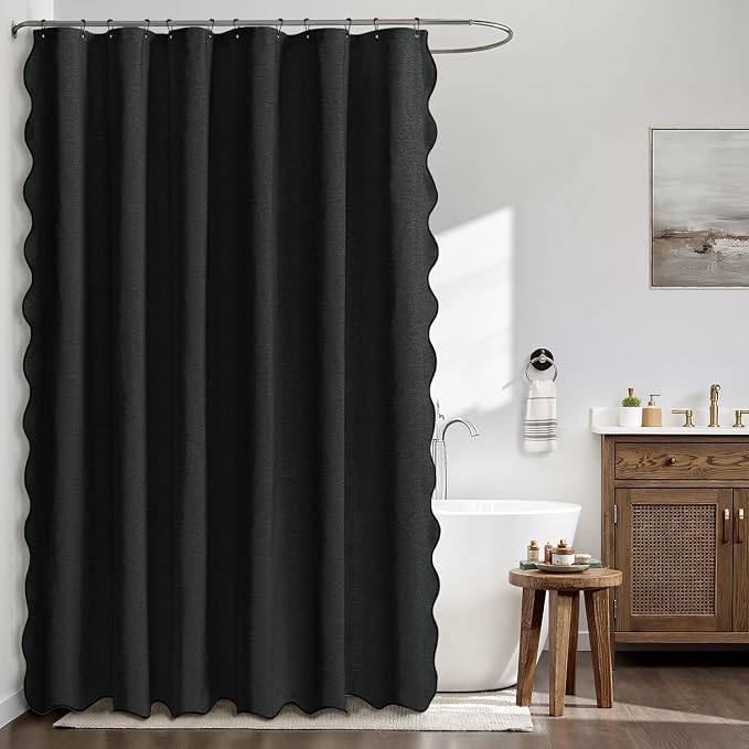 MIULEE 72"x96" Extra Long Scalloped Linen Shower Curtain Black | Linen Textured, Waterproof, Washable, 12 Metal Hooks, Heavy Duty Cloth, Black Border, Shower Curtain for Bathroom Bathtub