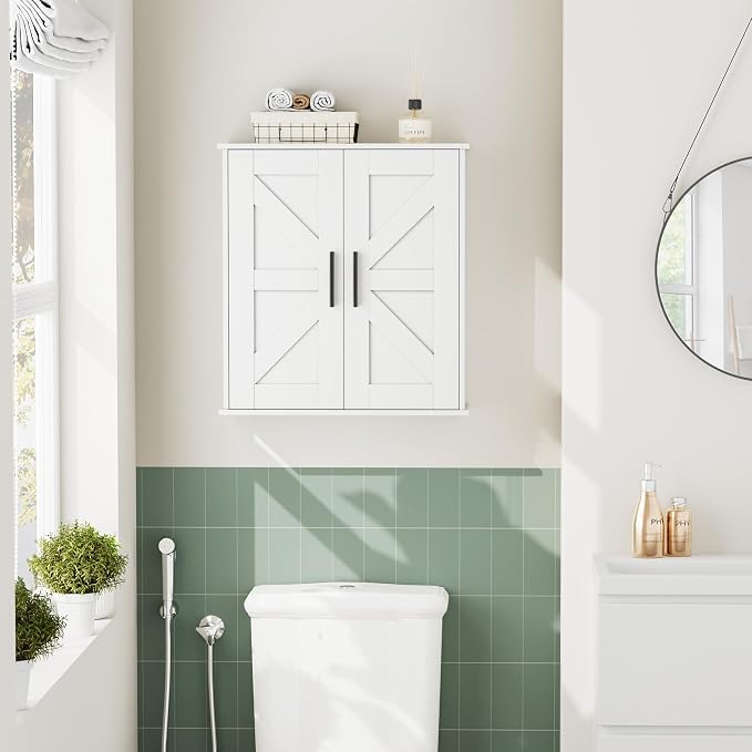 Homleke Bathroom Wall Cabinet, Medicine Cabinet with Adjustable Shelves | 3-Tier Wall Mounted Over Toilet Storage with Barn Doors, for Bathroom, Kitchen, Entryway, Laundry Room, White, (7.9" D)