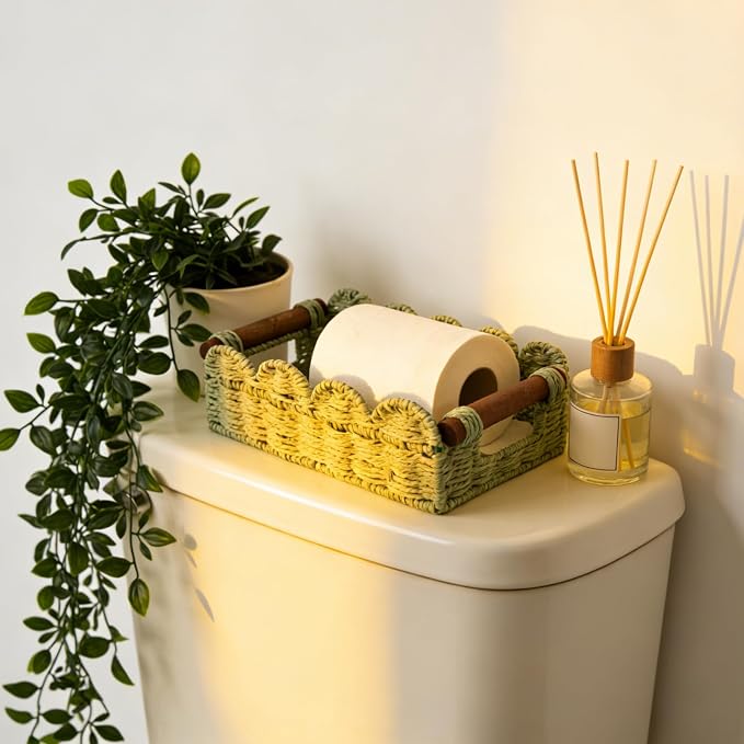 Scalloped Toilet Paper Storage Basket, Small Basket with Handles | Decorative Wicker Organizer Basket Perfect for Living Room Shelf Decor, Set of 2 Green
