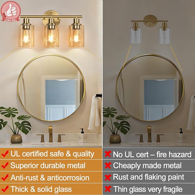 Zarbitta 3-Light Bathroom Light Fixtures, Brushed Gold Vanity Light, Farmhouse Wall Lights with Amber Glass Shades, Bathroom Wall Lamp for Mirror Kitchen Bedroom Hallway Living Room