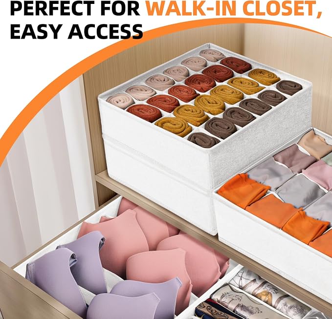 Drawer Organizer - 6 Set Clothes Organizer for Closet & Bedroom - 90 Cells Bins for Sock, Underwear, Bra, Baby Clothes - Washable & 10xDurable than Non-Woven Fabric (White)